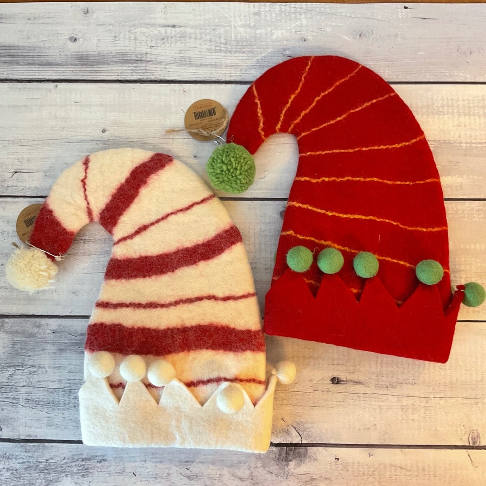 Ganz Midwest Gift Wool Elf Hat Christmas Decor Set of 2 Red White Pom Poms